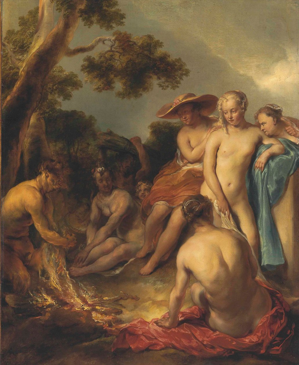 Tysk: Satyr und Nymphen (das Bad der Diana) Nymfer og en satyr af Jan van Noordt