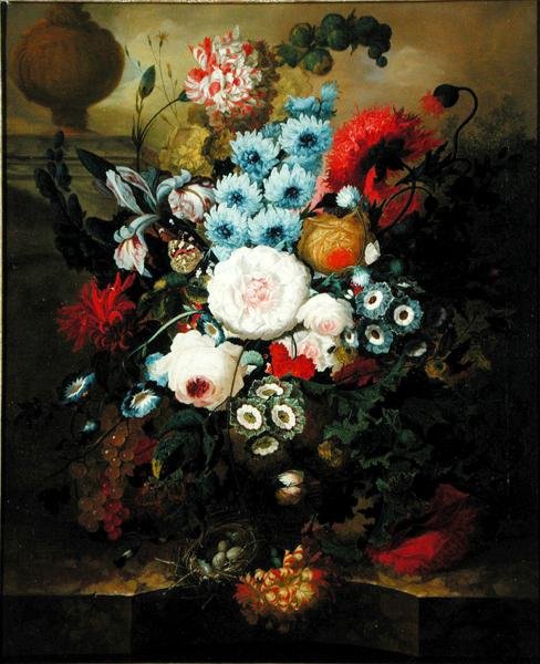 Nelliker, Morning Glory, Roser, Auriculas, Hyacint og andre blomster med en fuglerede på en marmorafsats (olie på lærred) af Jan van Os