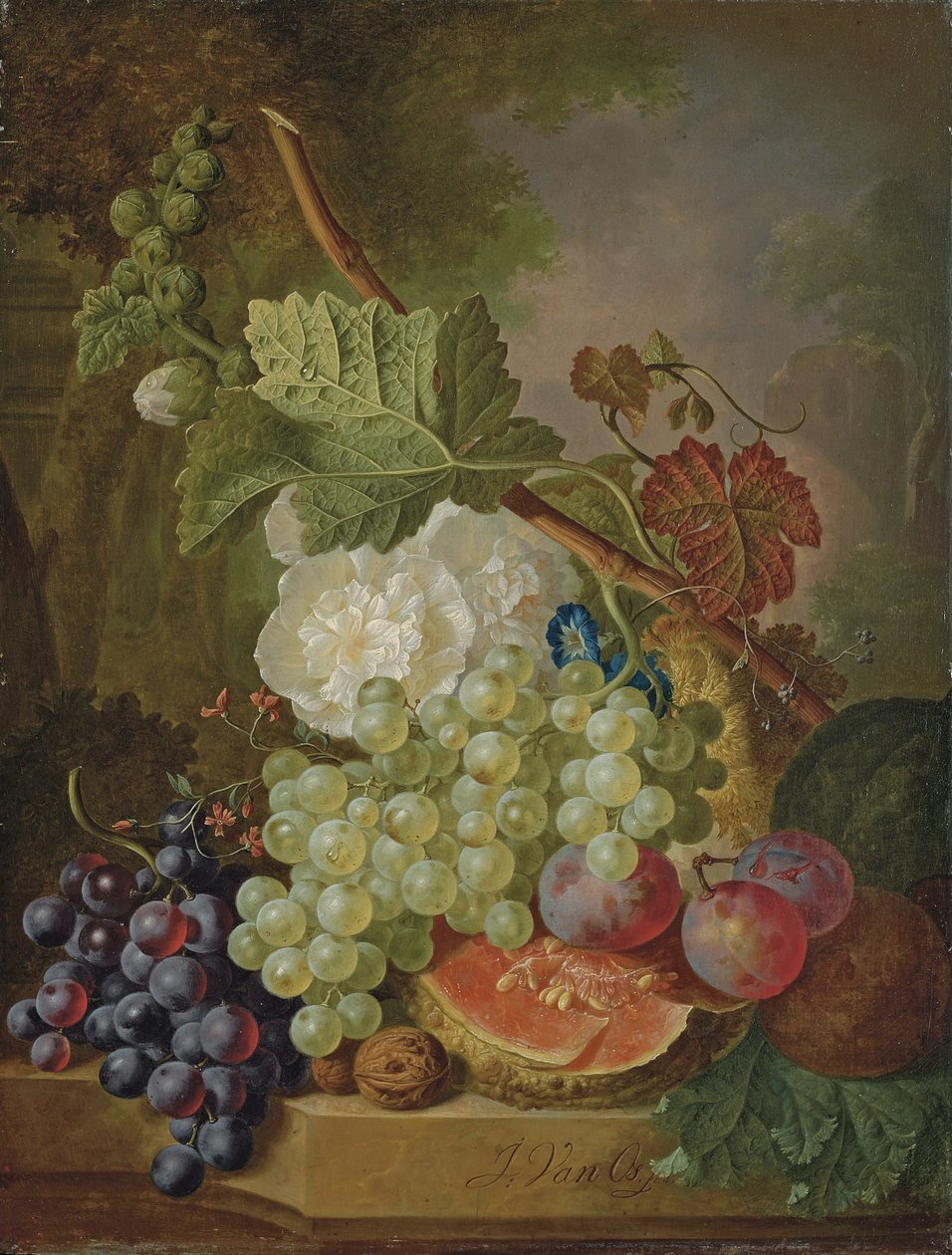 Blomster, druer, blommer, valnødder og en melon på en stenafsats af Jan van Os