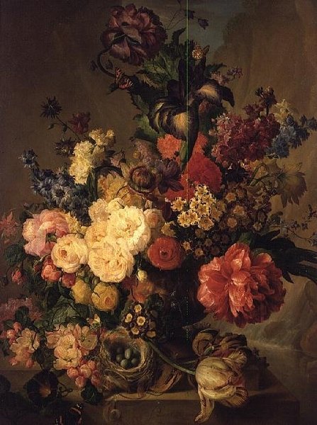 Blomster på en afsats ved et vandfald af Jan van Os