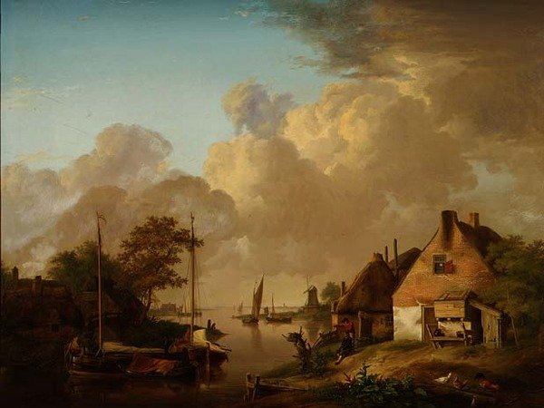 Flodlandskab med landsby, pramme og bønder af Jan van Os