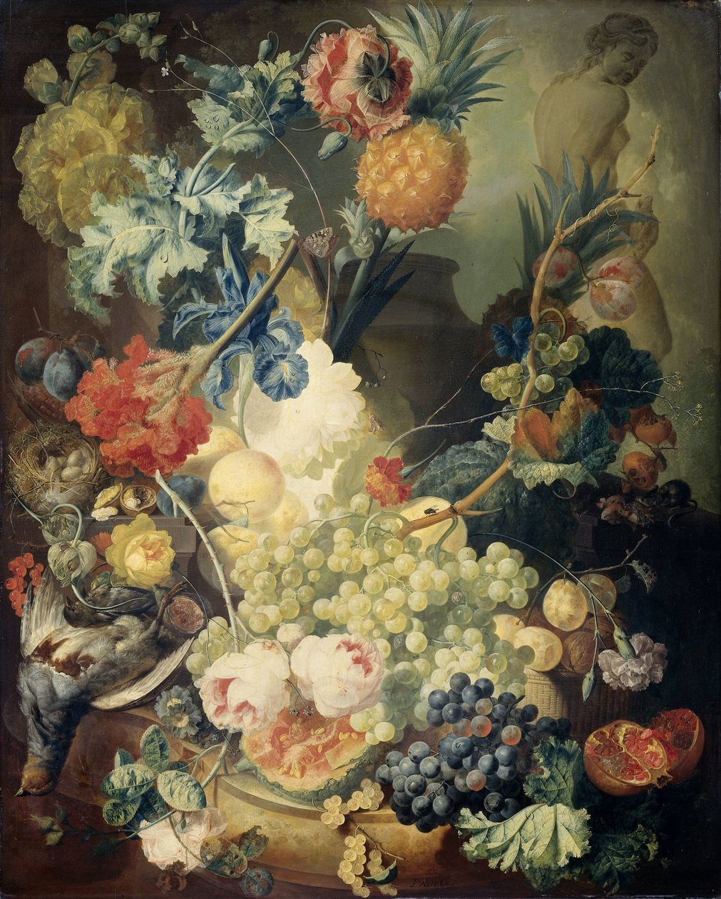 Stilleben med blomster, frugt og fugle af Jan van Os