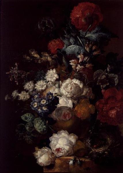 Stilleben med blomster og en fuglerede af Jan van Os