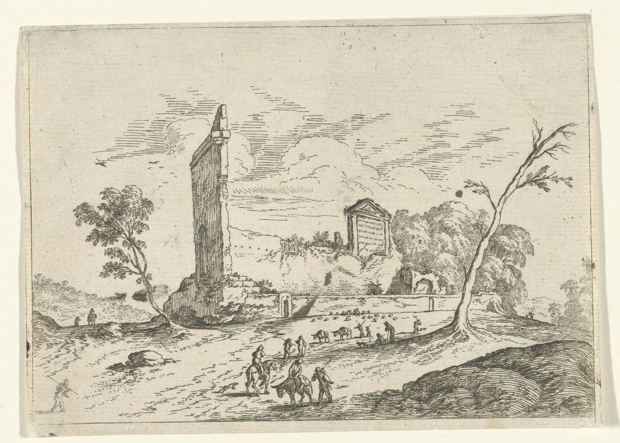 Landskab med romerske ruiner og æselhyrder af Jan van Ossenbeeck (attributed to)