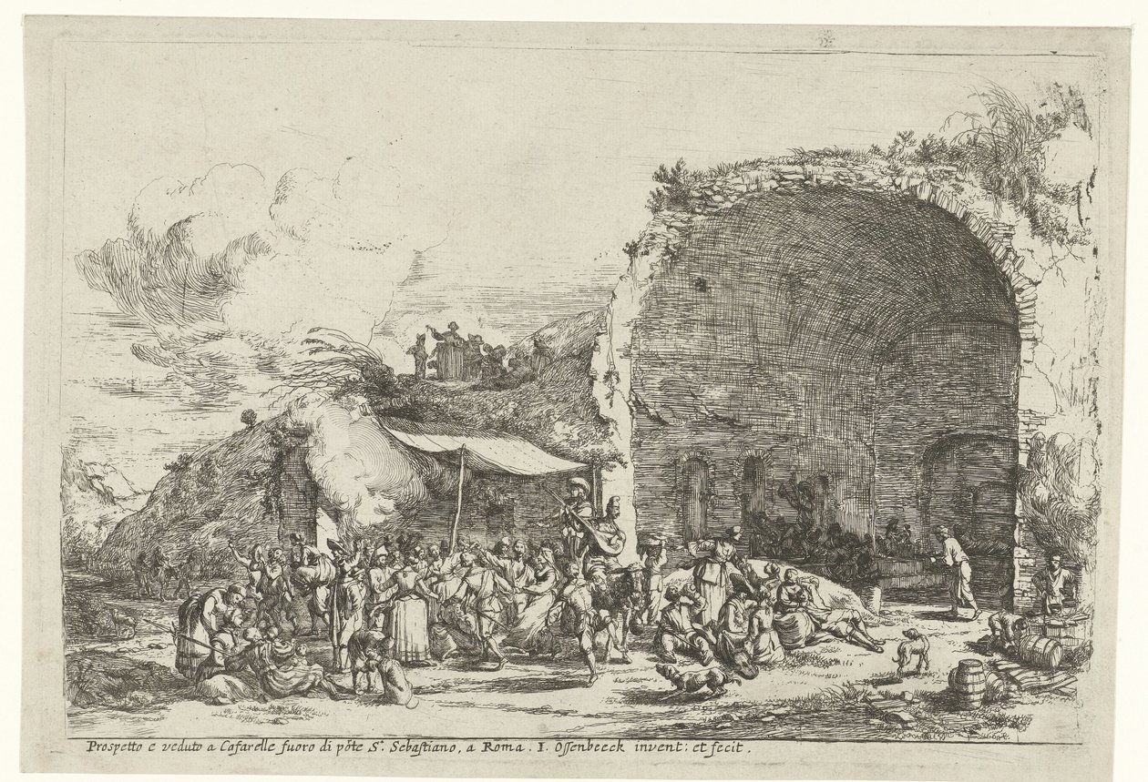 Festligheder ved ruinerne af nymfen Egerias hule Prospetto e veduto a Cafarelle fuoro di porte S. Sebastiano, en roma (titel på objektet) af Jan van Ossenbeeck