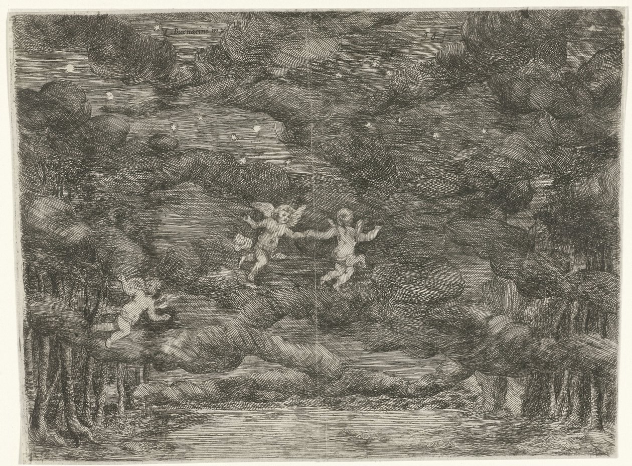Sceneindretning med engle på nattehimlen af Jan van Ossenbeeck