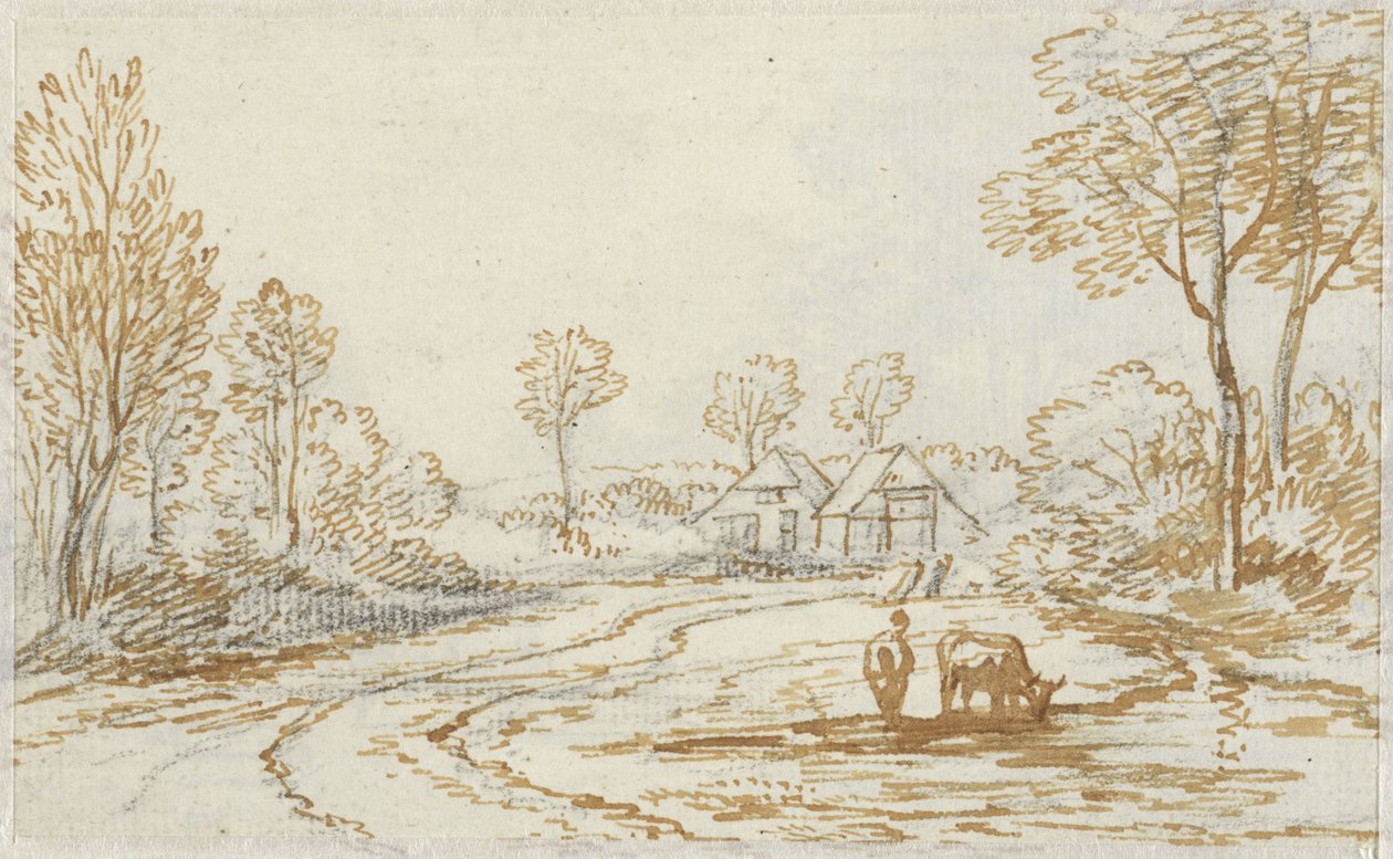 Landskab med hyrder og kvæg, med to huse i baggrunden af Jan van Ravenswaay
