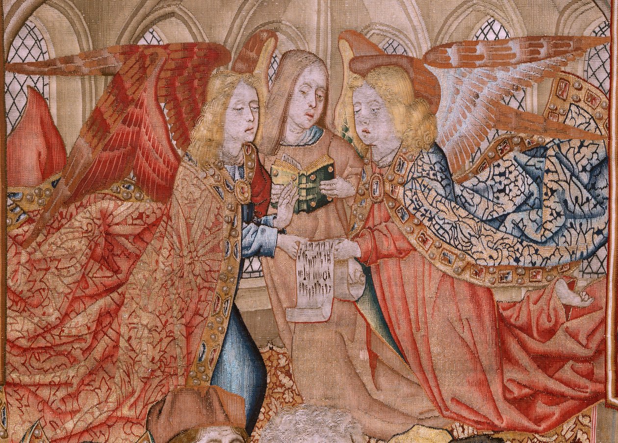 flamsk gobelin. Serie Episoder fra Jomfruens liv; Præsentation ved templet (Presentación en el Templo). Andet gobelin i serien. Modeller tilskrevet Jan van Roome (eller van Brussel). Fremstilling Pieter van Aelst, Bruxelles. Ca 1502-1504. af Jan van Roome