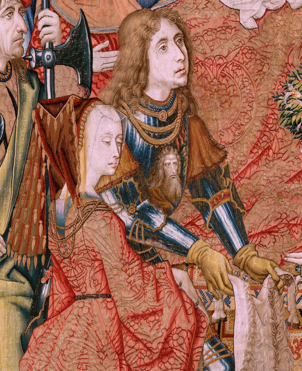 flamsk gobelin. Serie episoder fra The Life of the Virgin. Profetierne bliver opfyldt ved Kristi fødsel (Opfyldelse af profetierne ved Guds Søns fødsel). Første gobelin i serien. Modeller tilskrevet Jan von Roome (eller van B af Jan van Roome