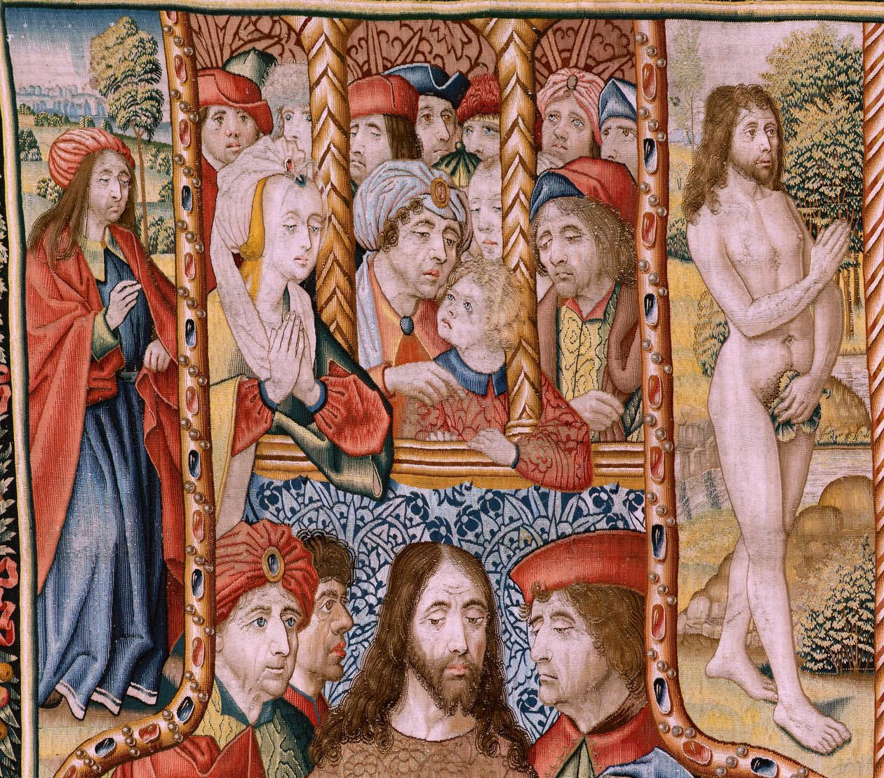 flamsk gobelin. Serie episoder fra The Life of the Virgin. Profetierne bliver opfyldt ved Kristi fødsel (Opfyldelse af profetierne ved Guds Søns fødsel). Første gobelin i serien. Modeller tilskrevet Jan von Roome (eller van B af Jan van Roome