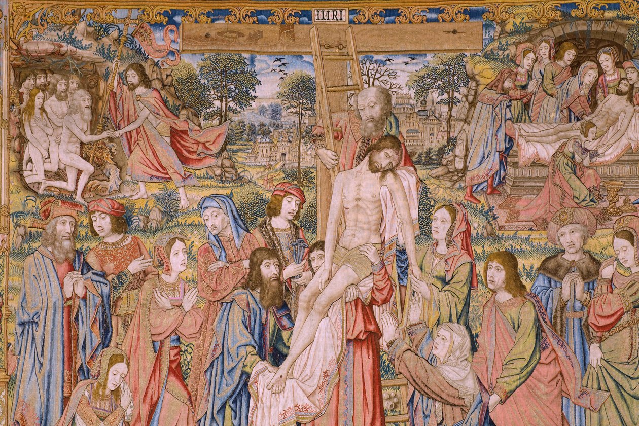 flamsk gobelin. Serien The passion of Christ: Descent from the cross (Kruisafneming, Descendimiento de la cruz). Fremstilling Pieter van Aelst. Tegneren Jan van Roome. Ca 1507-1520. Detalje. af Jan van Roome
