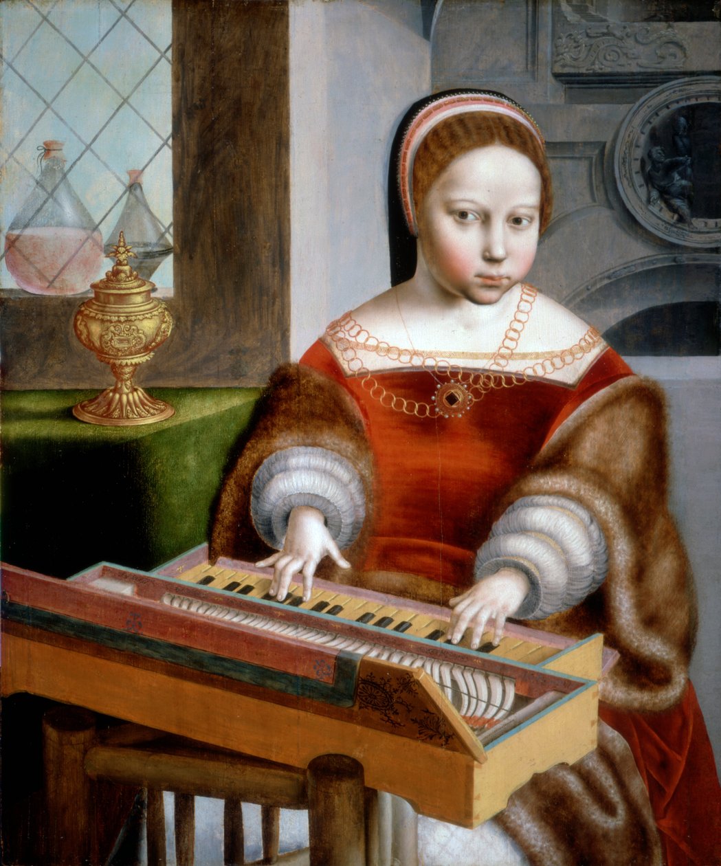 Ung kvinde spiller et clavichord af Jan van Sanders workshop of Hemessen