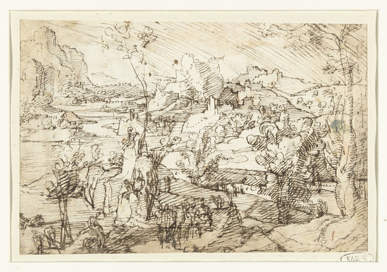 Landskab med sten, figurer og et sejlskib af Jan van Scorel (attributed to)