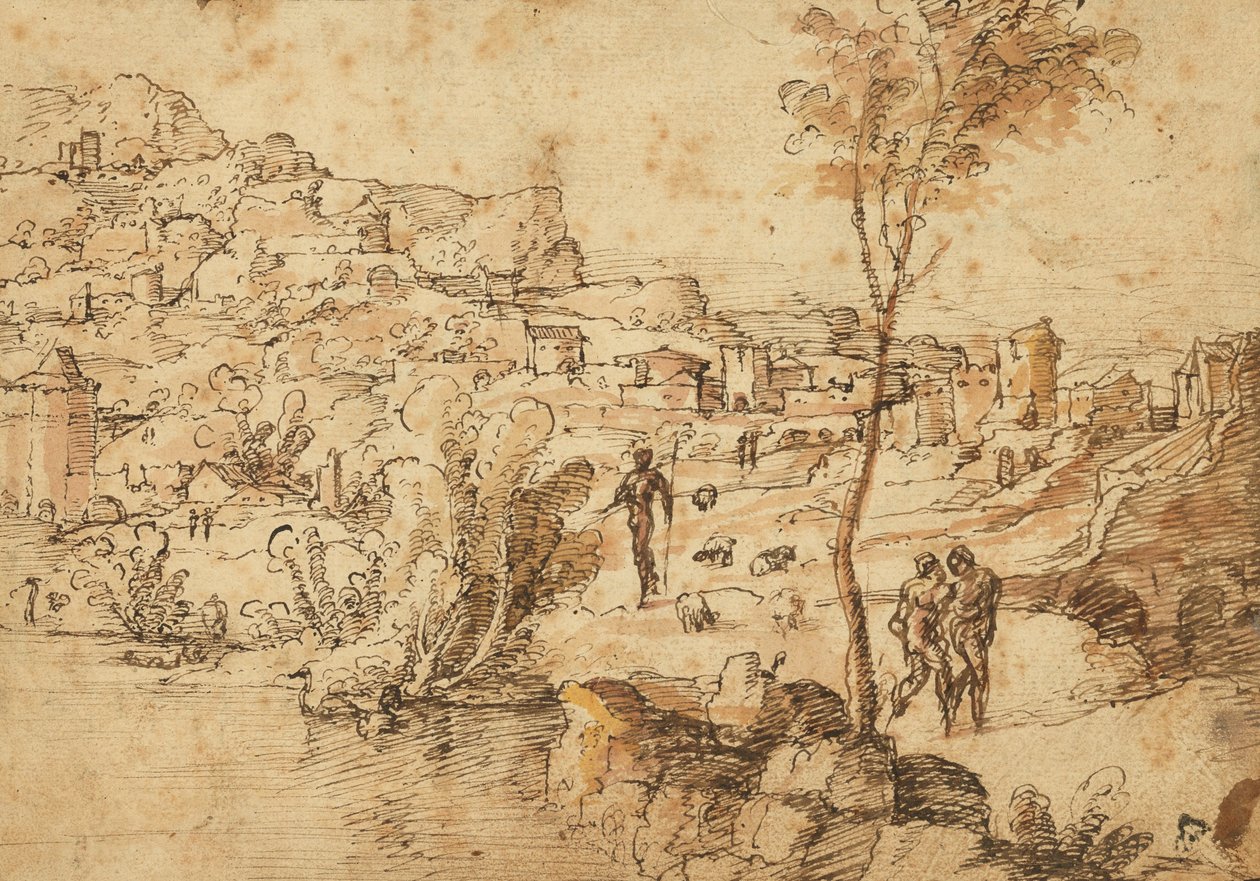 Landskab med hyrder ved en flod og en by bagved (recto); Figurstudier og romerske ruiner (verso) af Jan van Scorel