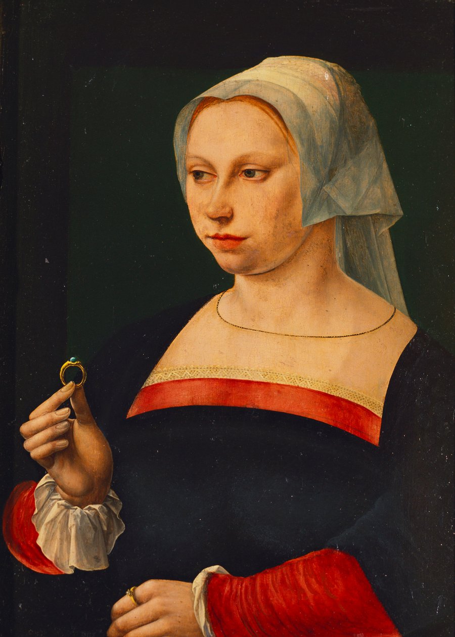 Portræt af en dame, der holder en ring af Jan van Scorel