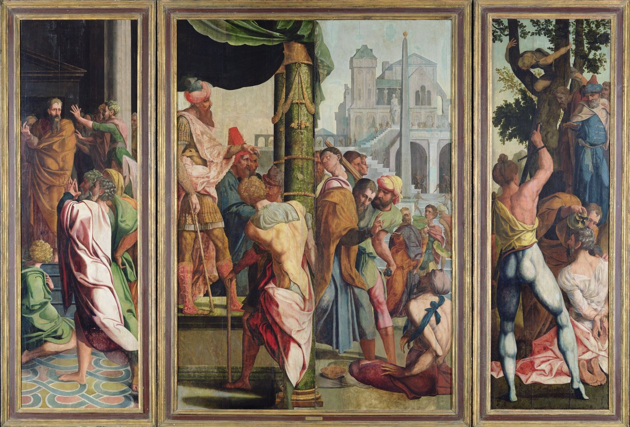 Prædiken, arrestation og martyrdom af den hellige Jakob den Store, fra polyptykken af Sankt Stefan og Jakob den Store, ca. 1541 af Jan van Scorel