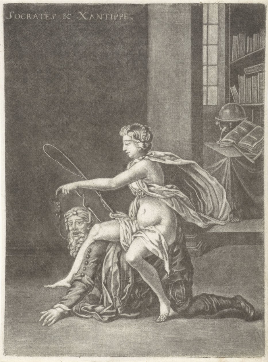 Sokrates hånet af sin kone Sokrates og Xanthippe (titel på objekt) af Jan van Somer
