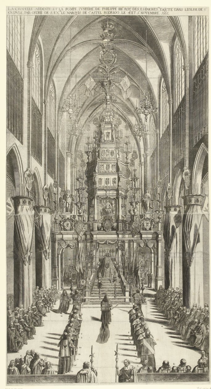 Lijkdienst voor Filips IV te Bruxelles, 1665 Det brændende kapel og begravelsesoptoget af Philippe IIIe roy des Espaignes lavet i kirken Ste. Gudule i rækkefølge af s. overskydende. markisen af ​​Castel Rodrigo den 4. og 5. november 1665 (titel på objektet af Jan van Troyen