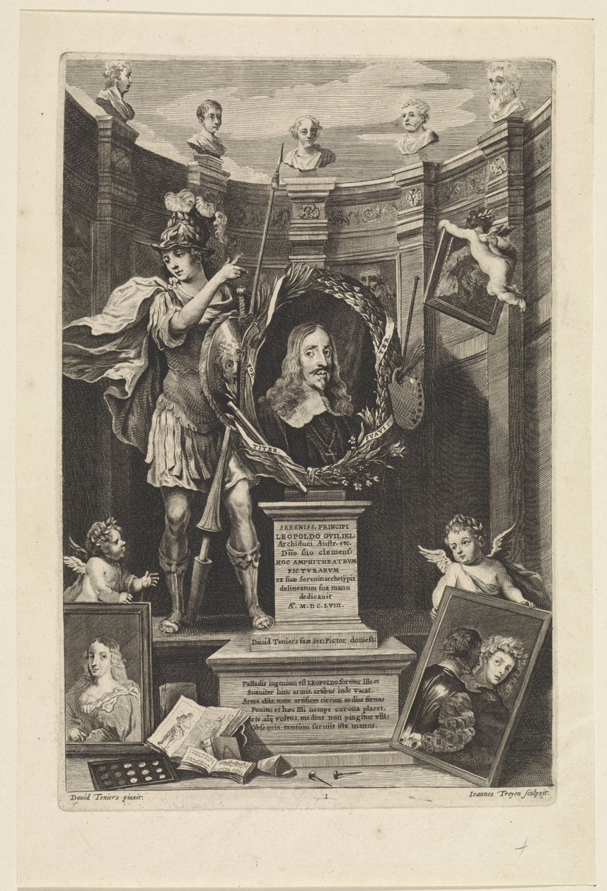 Portræt af ærkehertug Leopold William af Østrig som kunstsamler Theatrum Pictorium (serietitel) Titelside for: David Teniers, Theatrum Pictorium, 1658 af Jan van Troyen