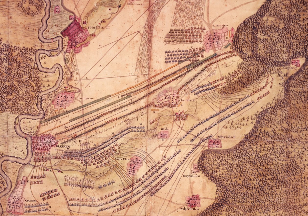 Plan for slaget ved Blenheim, ca. 1705 (farve litho) af Jan van Vianen