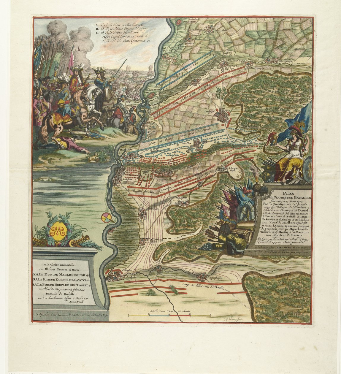 Slag bij Höchstädt, 1704 Kort over det glorværdige slag givet den 13. august nær Hochstett ved Donau (...) (titel på objekt) af Jan van Vianen