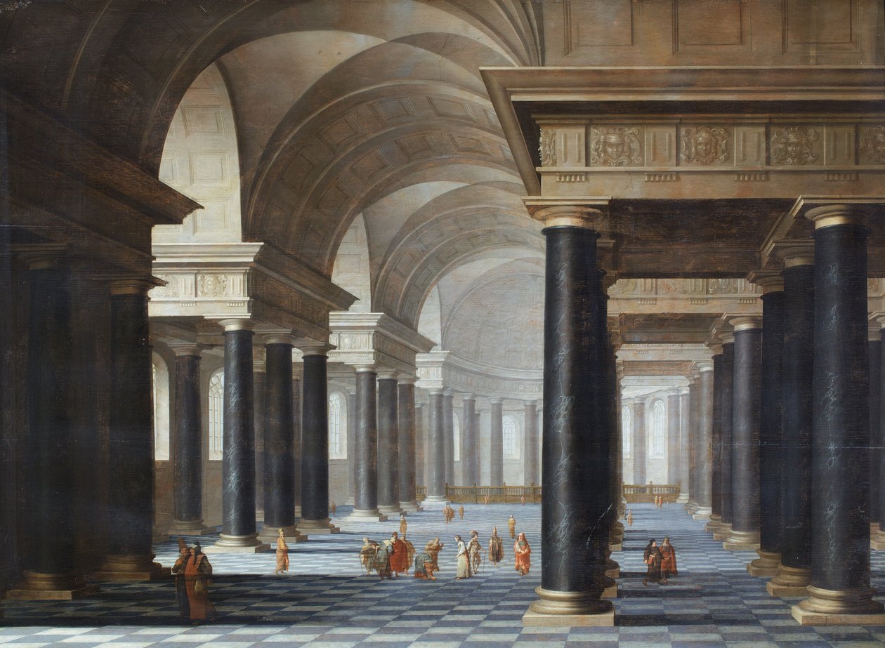 Det indre af en kirke med sorte marmorsøjler og figurer i antikke klæder af Jan van Vucht