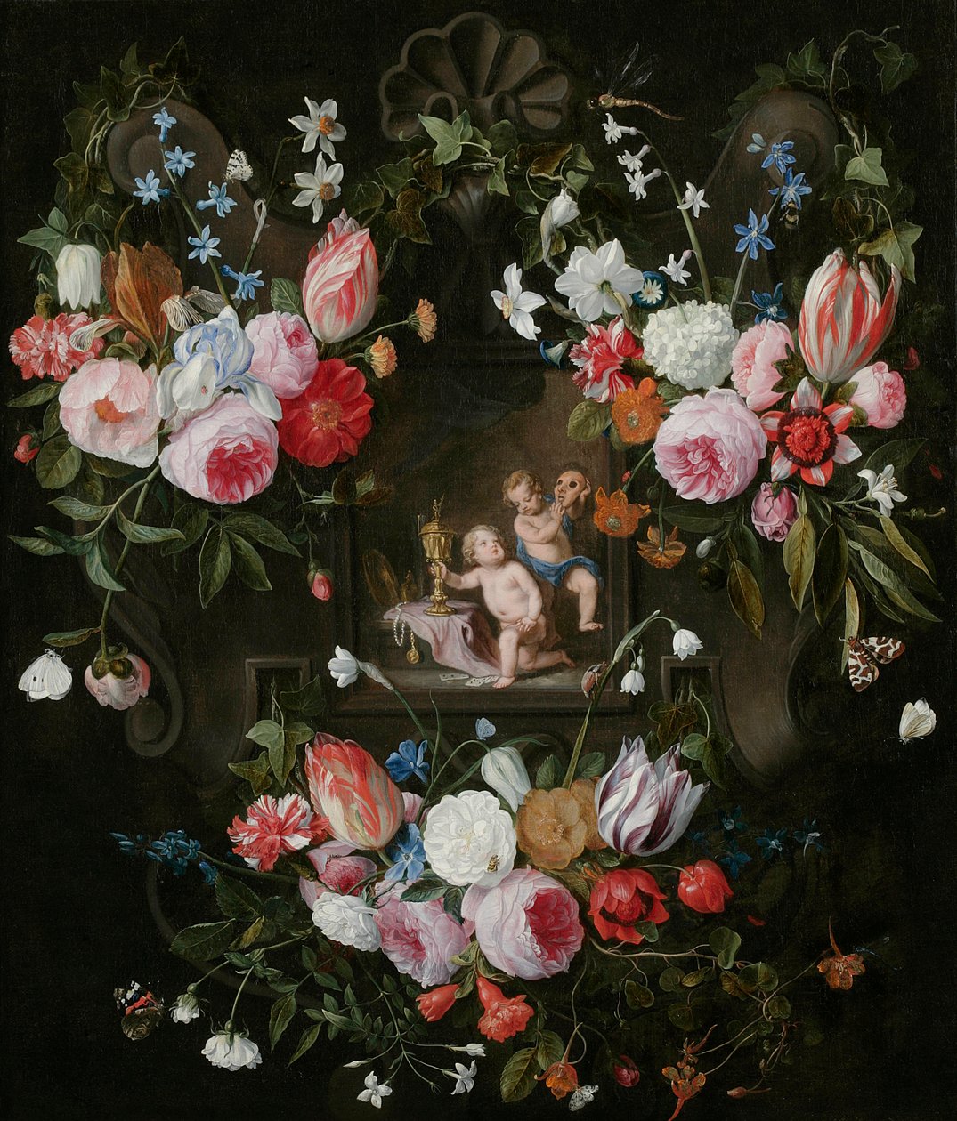 Et kartouche-stilleben af blomster omkring et allegorisk billede af Putti med dyre genstande og en maske, 1648 af Jan van and Balen, Hendrik van Kessel