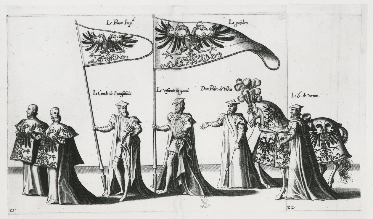 Kejserligt banner ved begravelsesoptoget af kejser Charles V af Jan van and Doetechum Lucas van and Bol Hans Doetechum the elder