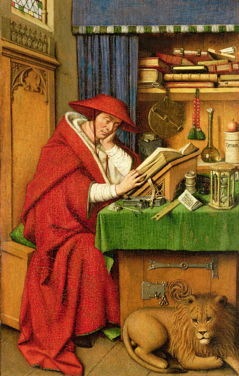 St. Hieronymus i hans studie (olie på hørpapir på panel) af Jan van Eyck
