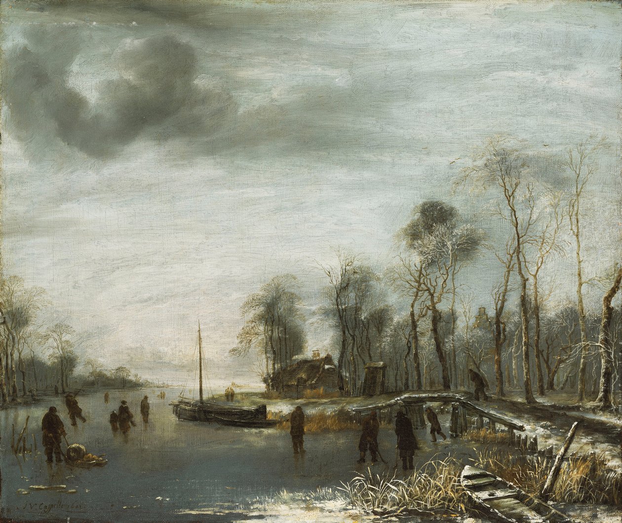 Et vinterlandskab med skatere og colf-spillere på en frossen vandvej, 1653 af Jan van de Capelle or Cappelle