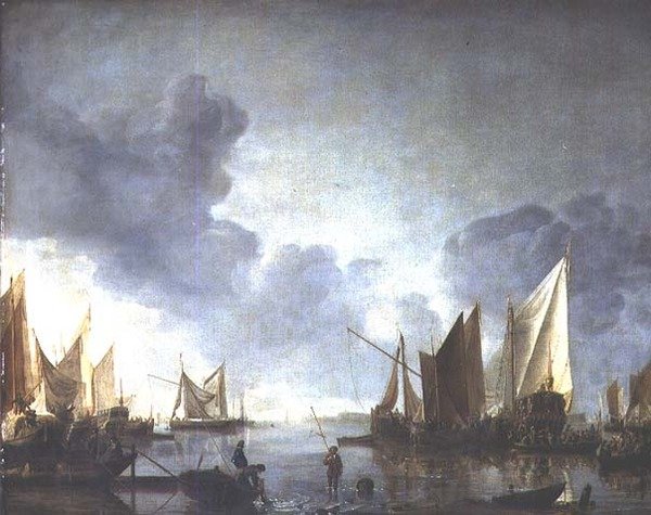 En ro, med en dignitær indvarslet i en statspram og fiskere i forgrunden af Jan van de Capelle or Cappelle