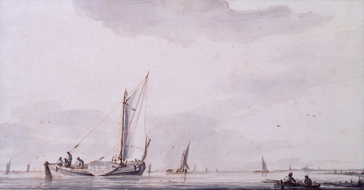Fiskere og sejlbåde på en flodmunding i ro (pen, blæk og vask) af Jan van de Capelle or Cappelle