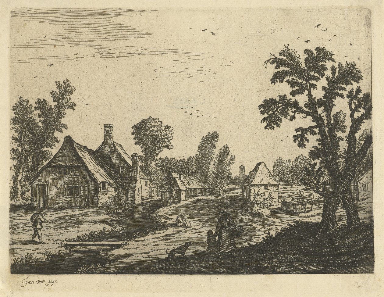 Landsbyudsigt med kvinde og barn i landsbygaden af Jan van de Cappelle (attributed to)