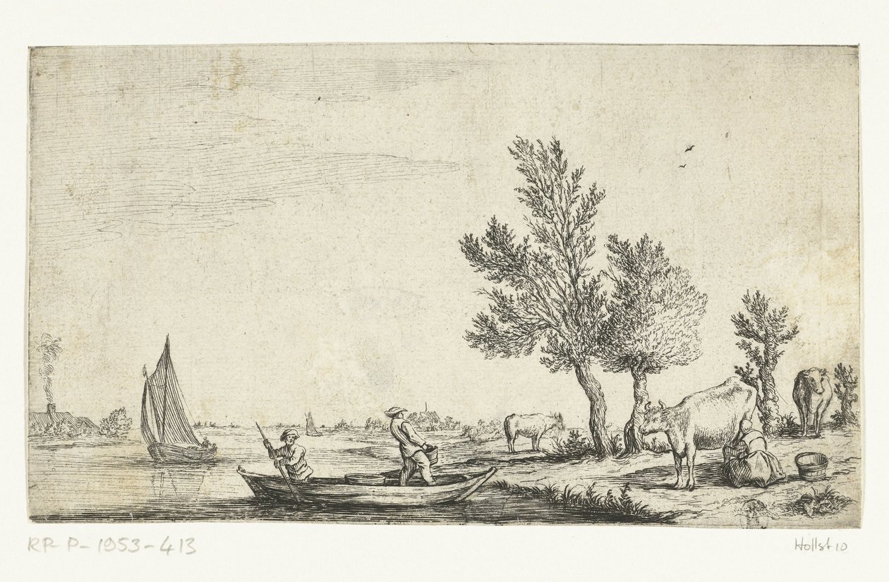Flodlandskab med to mænd i en robåd af Jan van de Cappelle (attributed to)