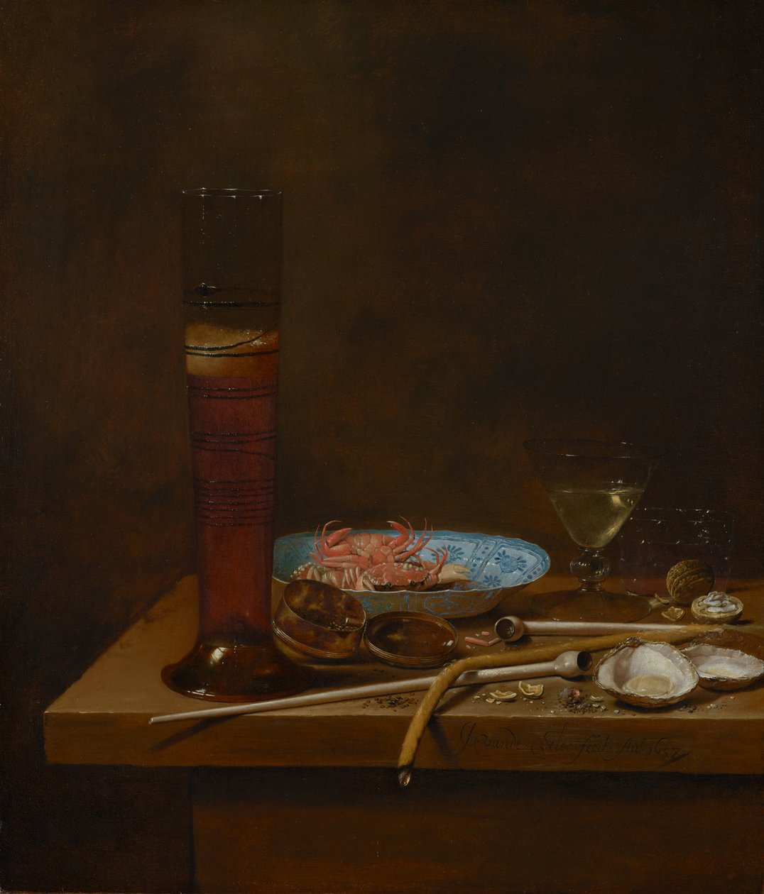 Stilleben med rygeredskaber og krabber, 1657 af Jan van de III Velde