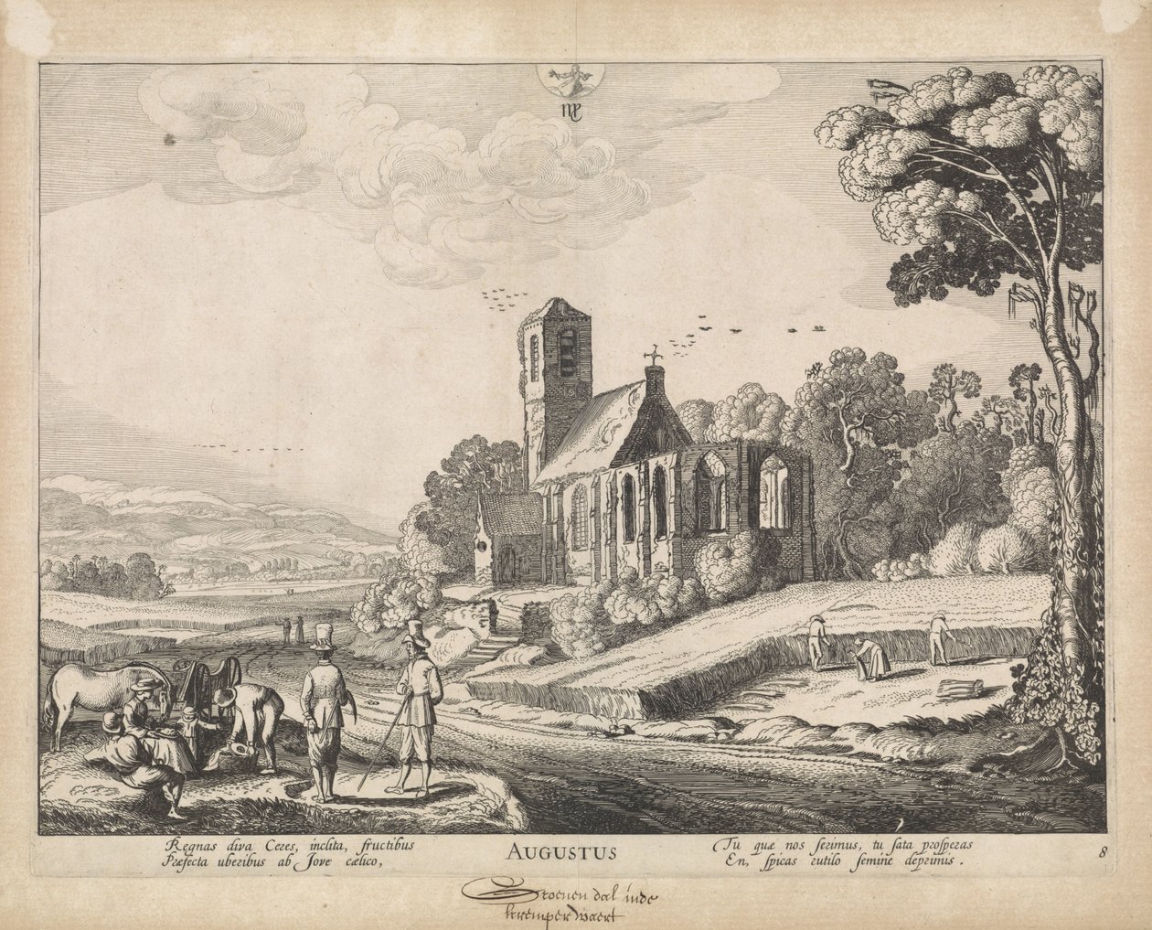 august august (titel på objekt) De tolv måneder, med landsbyudsigt (serietitel) af Jan van de Velde (II)
