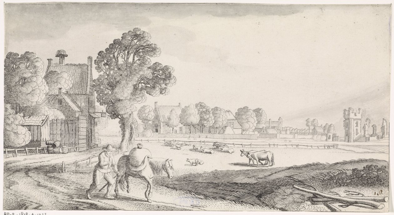 Bonde med pakkehest på en landevej Playsante landskaber og sjove ansigter (serietitel) af Jan van de Velde (II)