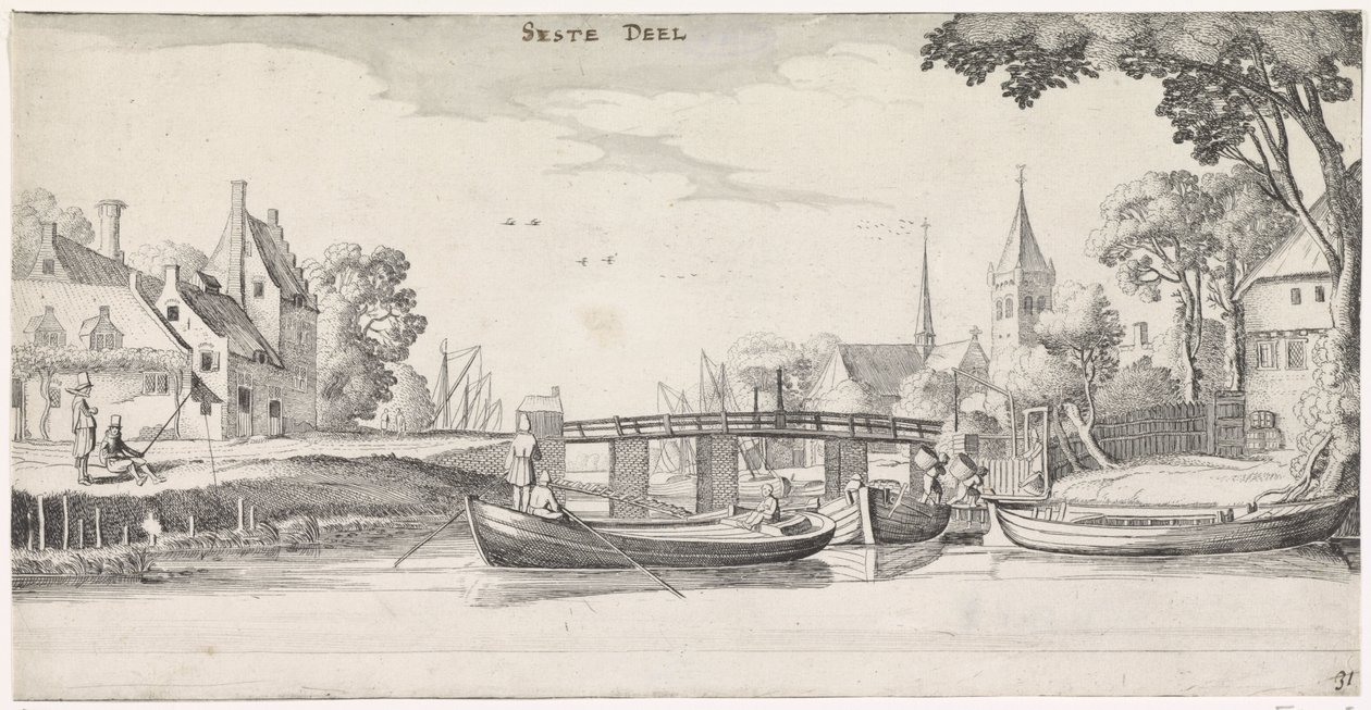 Både ved en anløbsbro i en landsby Playsante landskaber og underholdende seværdigheder (serietitel) af Jan van de Velde (II)