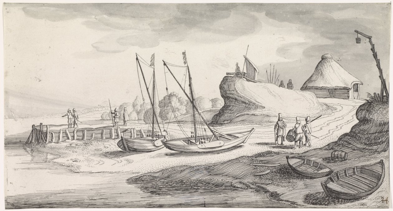 Både på en flodbred Playsante landskaber og sjove ansigter (serietitel) af Jan van de Velde (II)