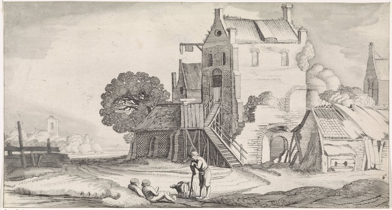 Tre samtalende skikkelser på en kro Behagelige landskaber og underholdende seværdigheder (serietitel) af Jan van de Velde (II)