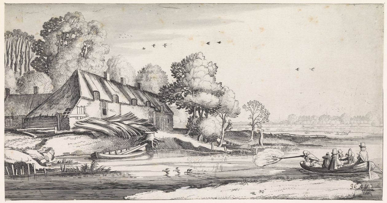 Andejagt på en flod nær en gård Playsante landskaber og sjove ansigter (serietitel) af Jan van de Velde (II)
