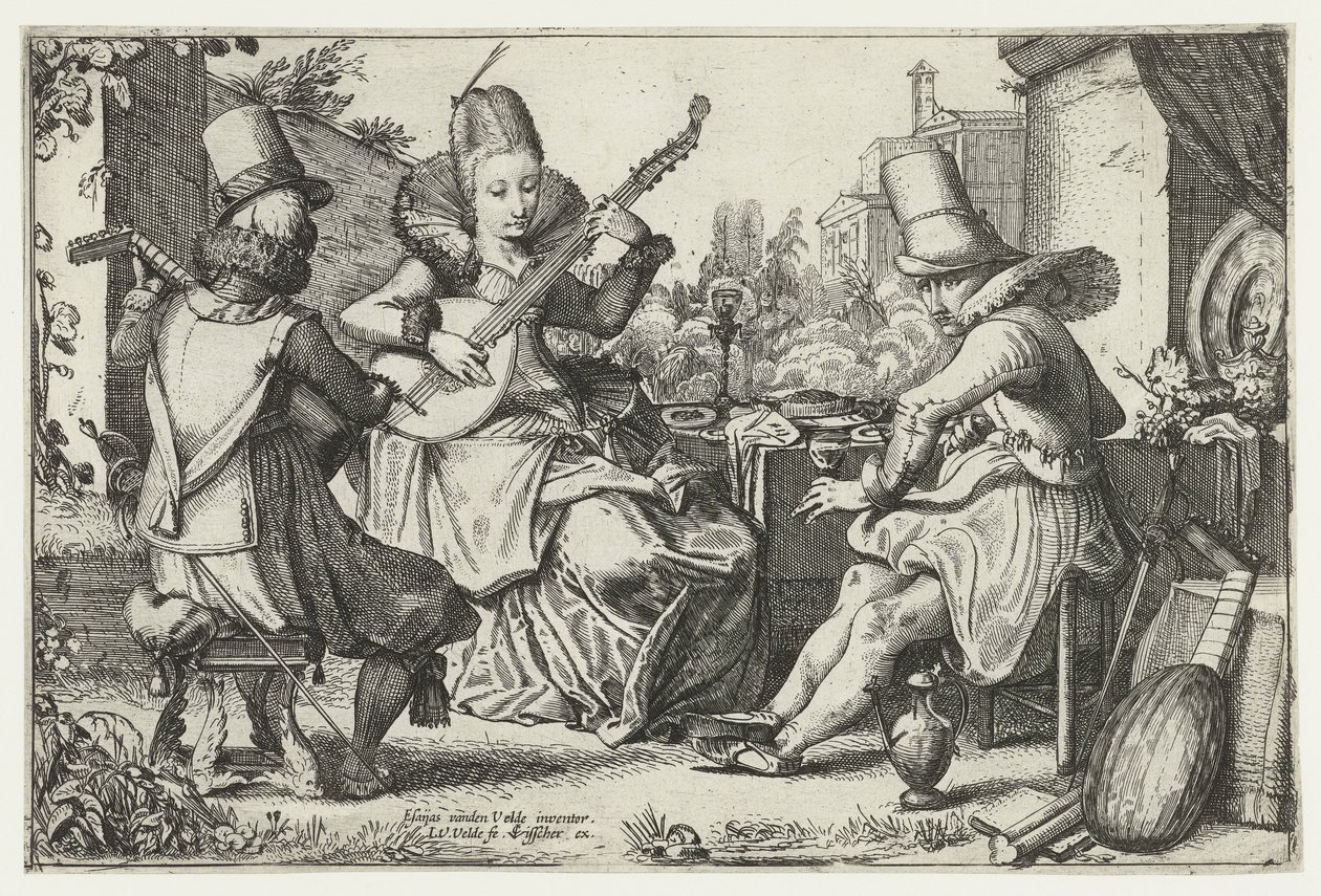 Elegant selskab, der laver musik i en have af Jan van de Velde (II)