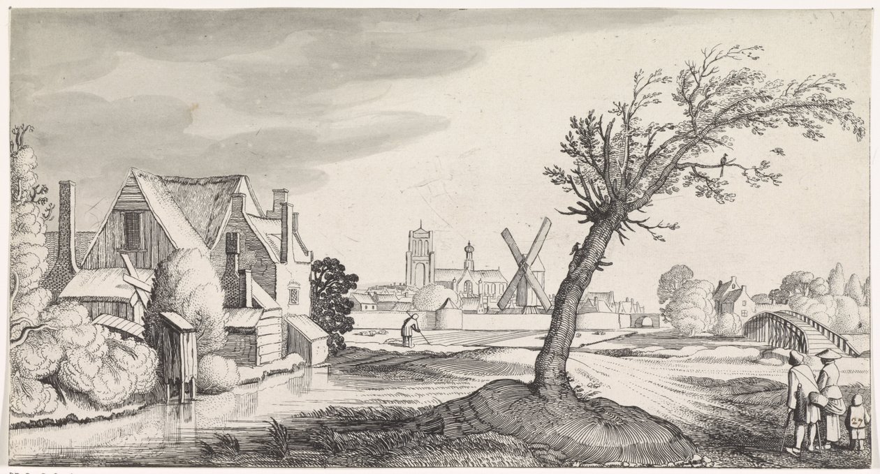 Familie i et hus med en by i baggrunden Playsante landskaber og underholdende seværdigheder (serietitel) af Jan van de Velde (II)