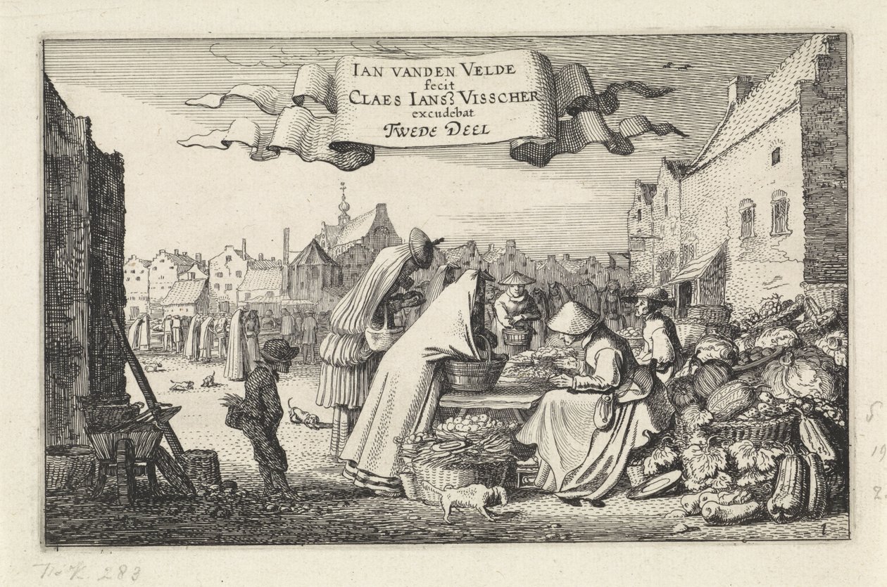 Figurer ved en grøntsagsbod på et marked Landskaber (serietitel) Amenissimae aliquot requculae (serietitel) af Jan van de Velde (II)
