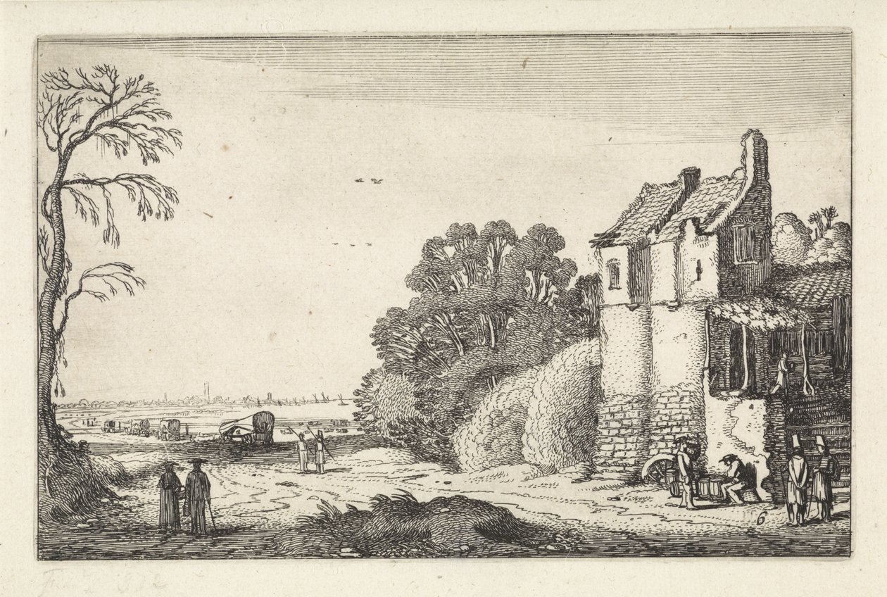 Figurer ved et hus og overdækkede vogne på en landevej Landskaber (serietitel) Amenissimae aliquot requculae (serietitel) af Jan van de Velde (II)