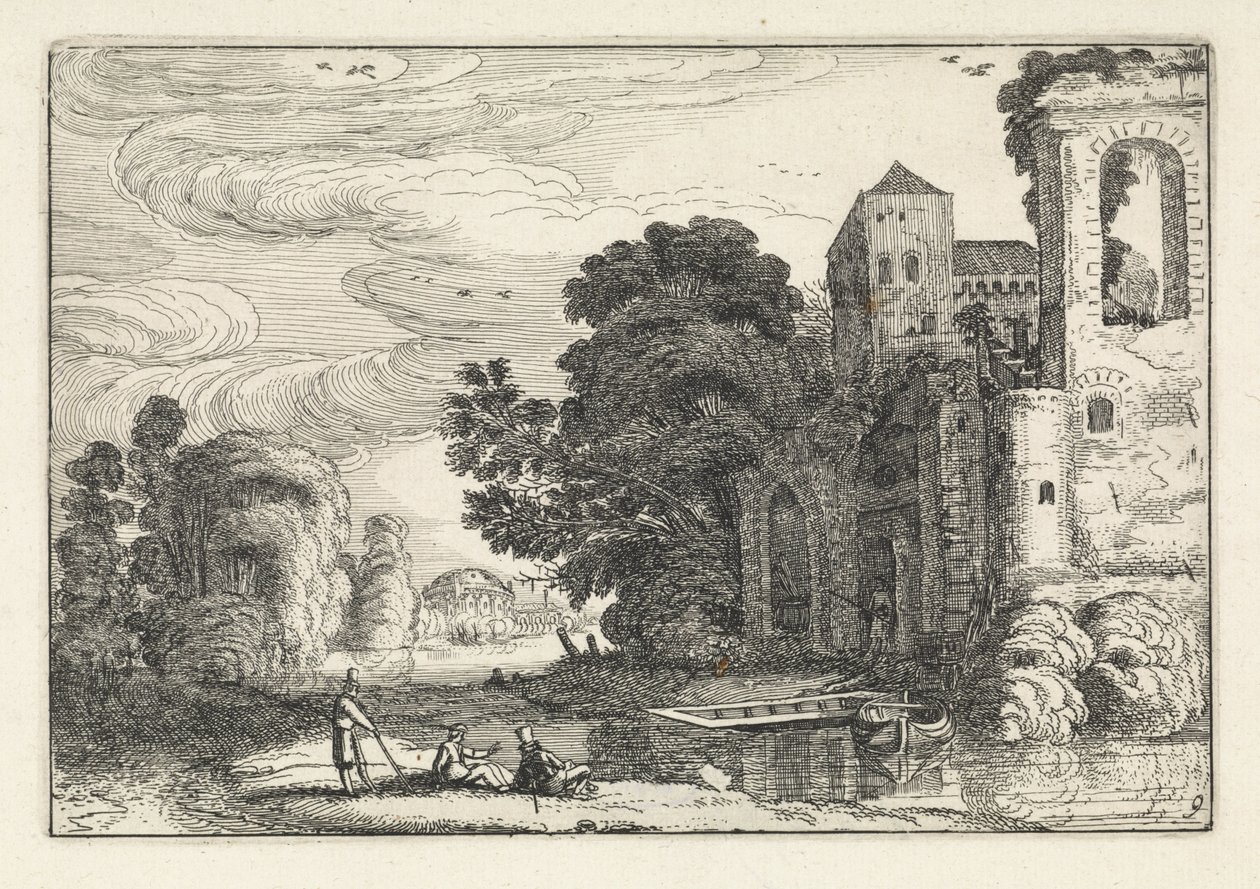 Figurer på et slot ved en flod Landskaber (serietitel) Amenissimae aliquot requculae (serietitel) af Jan van de Velde (II)