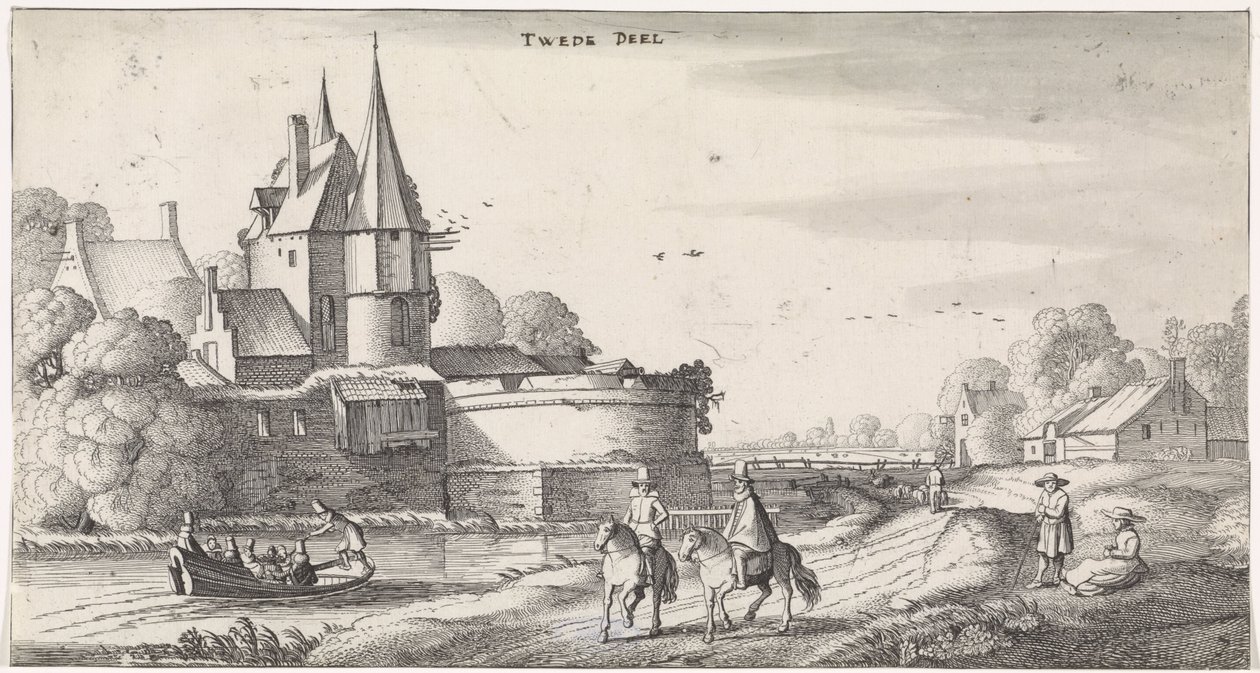 Figurer på et slot i et flodlandskab Playsante-landskaber og underholdende seværdigheder (serietitel) af Jan van de Velde (II)