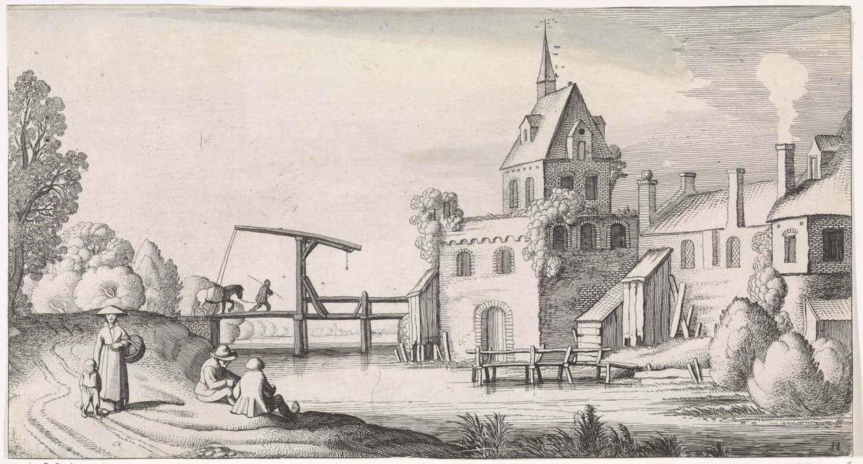 Figurer ved en vindebro til en landsby med et kirketårn Playsante landskaber og sjove ansigter (serietitel) af Jan van de Velde (II)