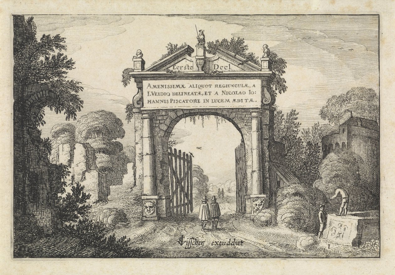 Figurer ved en port i et landskab Landskaber (serietitel) Amenissimae aliquot requculae (serietitel på objekt) af Jan van de Velde (II)