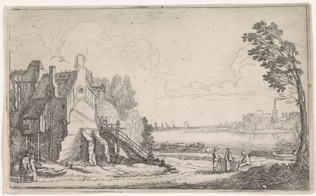 Figurer ved et faldefærdigt hus ved en flod Flodlandskaber (serietitel) af Jan van de Velde (II)